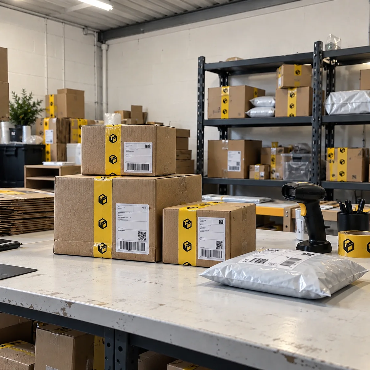 Packed parcels sealed with branded tape waiting on the packing bench at our Belfast unit