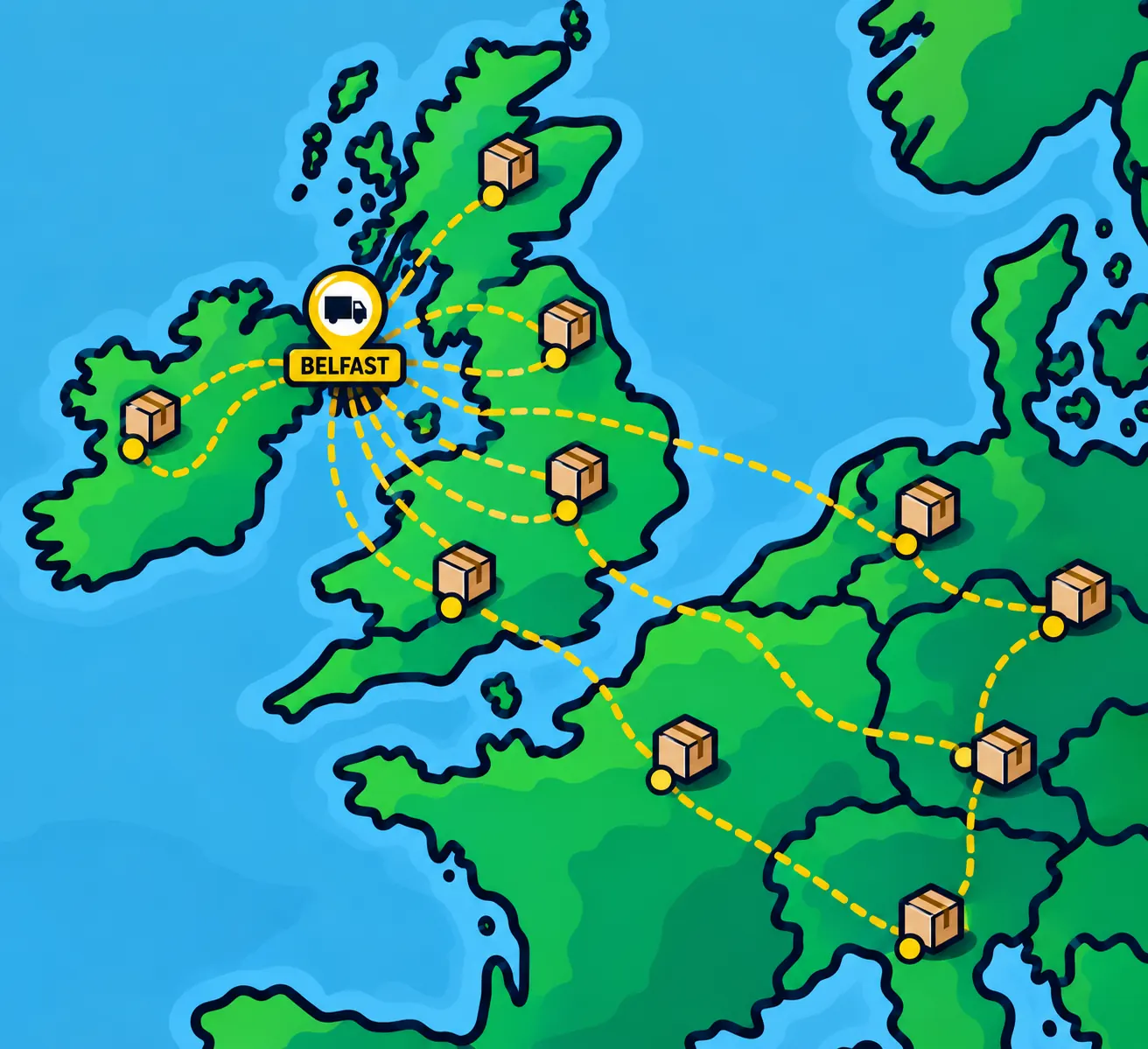 Map showing parcels shipped from X3PL in Belfast to customers across the UK, Ireland and Europe.